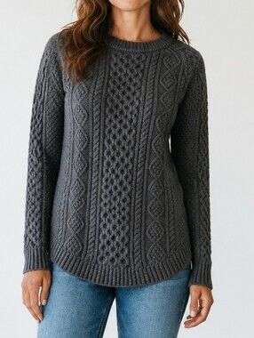 LL Bean Signature Navy Cable Knit 100% Cotton Tunic Crewneck Fishermen Sweater S
